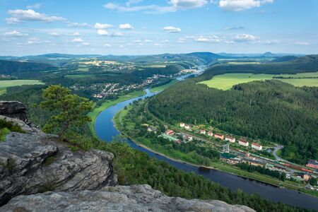 The river Elbe seen from the mountain Lilienstein on a sunny dayの写真素材