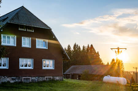 Hut Stuebenwasen in the Black Forest during sunset