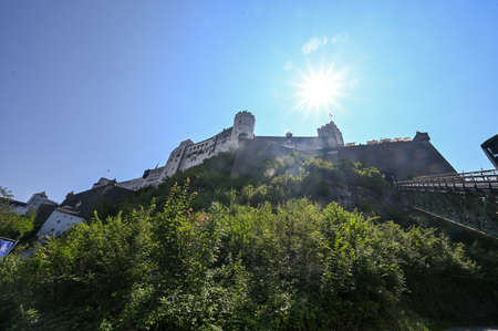 Castle Hohensalzburg on a hill in Salzburg on a sunny day from belowのeditorial素材