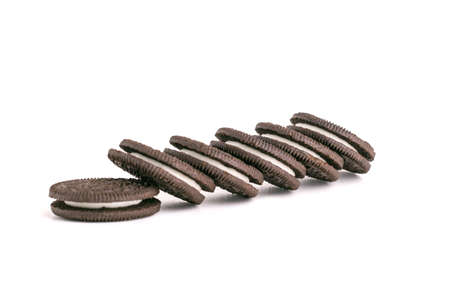 Ð¡hocolate chip cookies with white chocolate interlayer on a white background. Cookie Isolateの写真素材