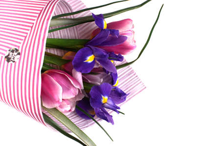 Spring bouquet of tulips and irises.Gift for women and mothersの写真素材