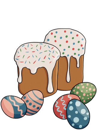 Easter cakes and painted eggs isolate on a transparent background. easter, spring illustration....