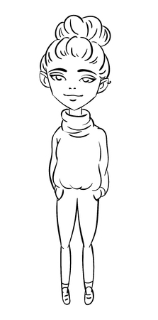 Glamour fashionable pretty girl with a lock of hair and helix ear piercing in pullover and jeans skinnyessのイラスト素材