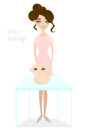Baby massage for children. Flat isolated vector illustration. Brunette masseuse in pink uniform doing massage for little girlのイラスト素材