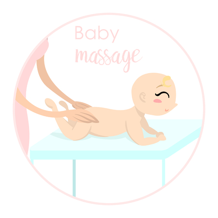 Baby massage for children. Flat isolated vector illustration. Logo. The girl lies on the table.のイラスト素材