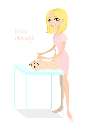 Baby massage for children. Flat isolated vector illustration. Blonde masseuse in pink uniform doing massage for little boyのイラスト素材
