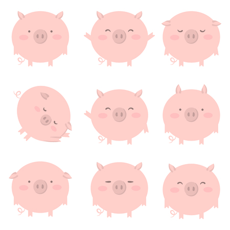 Set of pink pig with different emotions. Vector isolated illustrationのイラスト素材