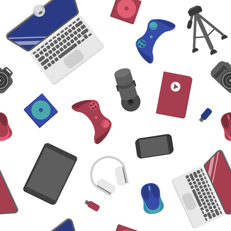 Seamless pattern with joystick, laptop, computer mouse, webcamのイラスト素材