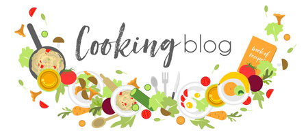 Logo or signboard for cooking blog with fruits, vegetables and other products and appliances for cookingのイラスト素材