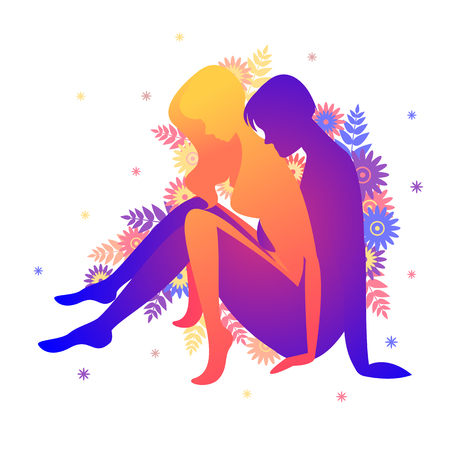 Kama sutra sexual pose The Seated Ball. Man and woman on white background sex poses illustration with flowersのイラスト素材
