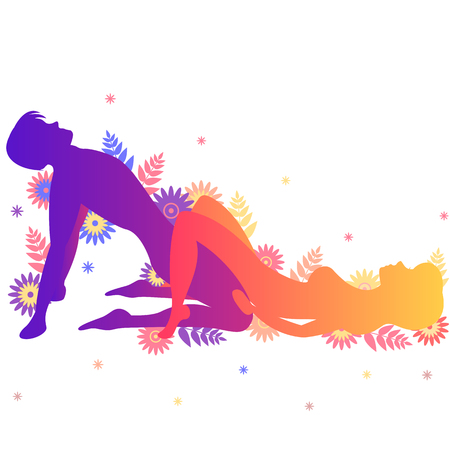Kama sutra sexual pose The Slip. Man and woman on white background doing sex poses illustration with flowersのイラスト素材