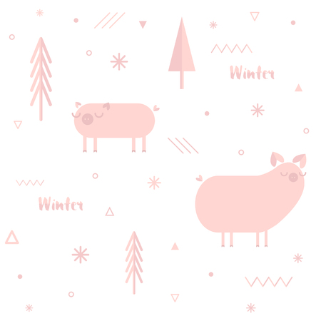 New Year 2019 seamless pattern with pink pigs for scrapbooking in scandinavian styleのイラスト素材