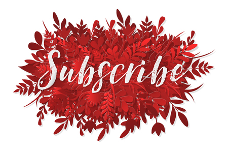 Button, call, request to subscribe on the red plants, grass, leaves and flowers, paper cut styleのイラスト素材