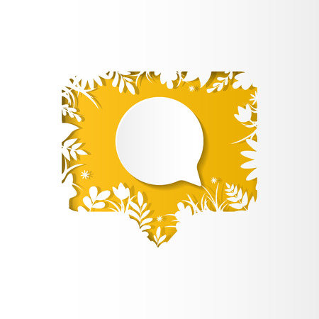 Social network yellow icon new comment with white plants, grass, leaves and flowers, paper cut styleのイラスト素材