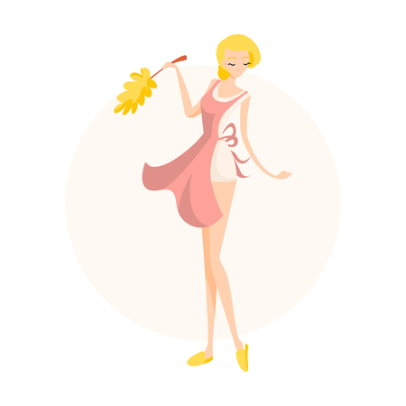 Cute blonde girl cleaning lady dusting in a pink apron. Isolated flat illustrationのイラスト素材