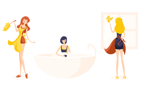 Set of three cute girl cleaners. Readhead dusting, Blonde washes the window and brunette washes a bath with a mop.のイラスト素材