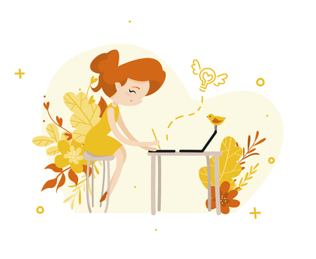 Ginger girl illustrator draws on a graphic tablet flat illustrationのイラスト素材