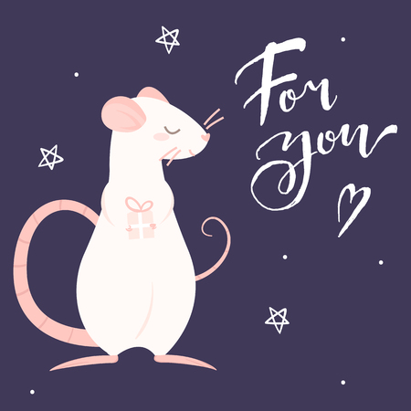 Pink rat gives a gift and lettering for youのイラスト素材