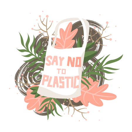 Fabric bag with flowers and text say no to plastic. Zero waste isolated illustrationのイラスト素材