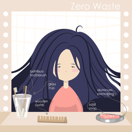 Illustration with girl in bathroom. Attributes of zero waste lifestyleのイラスト素材
