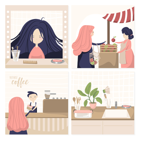 4 square cards with situations of zero waste lifestyle: in bathroom, food market, coffee house and kitchenのイラスト素材