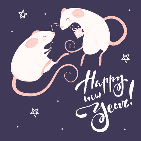 Two pink rats and lettering happy new year on a purple backgroundのイラスト素材