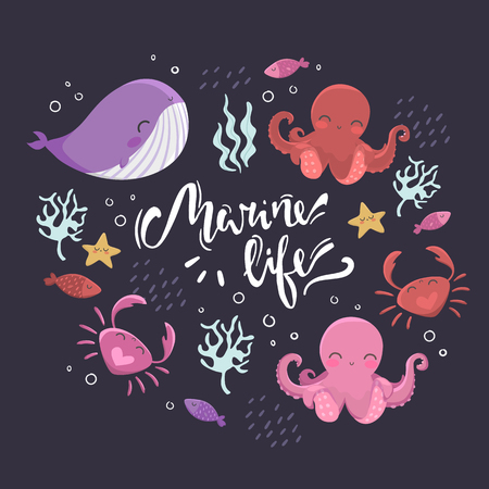 Sea inhabitants. Octopus, starfish, whale, fish crabs and algae Lettering marine lifeのイラスト素材
