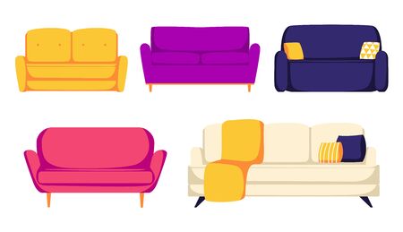 Set of different colors and types sofas with pillows. Cozy couches with padsのイラスト素材