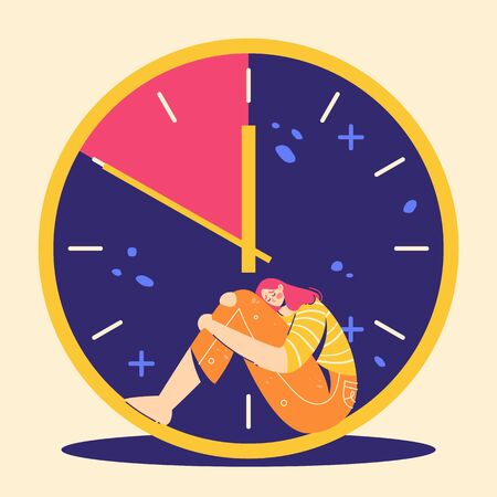 Fear of deadline. Woman in depression. Not enought time concept. Teenage girl are sitting in clock.のイラスト素材
