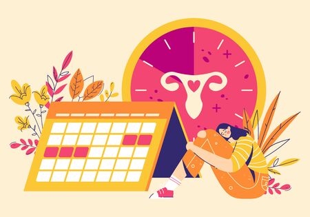 Painful menstruation concept. Women check menstrual days, clock with female genital organs silhouette. Modern flat style illustrationのイラスト素材