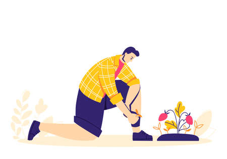 Garden work concept. The man character is digging the ground with a shovel. Hobby gardener.のイラスト素材