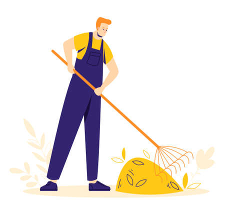 Garden work concept. The man character is digging the ground with a shovel. Hobby gardener.のイラスト素材