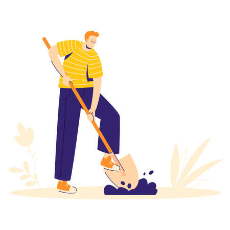 Garden work concept. The man character is digging the ground with a shovel. Hobby gardener.のイラスト素材