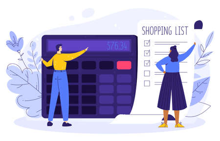 Family budget concept. The couple is planning finances at crisis. Woman is holding a shopping list, man is calculating an estimate on a calculator.のイラスト素材