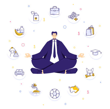 Man sitting in yoga lotus pose and meditating. Human needs icons. Life balance conceptのイラスト素材