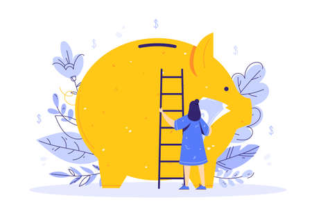Saving money concept. A girl stands with a ladder and banknotes next to a piggy bank.のイラスト素材