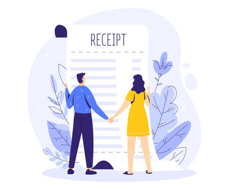 Family budget concept. Man and woman couple hold hands and look at the shop receipt.のイラスト素材