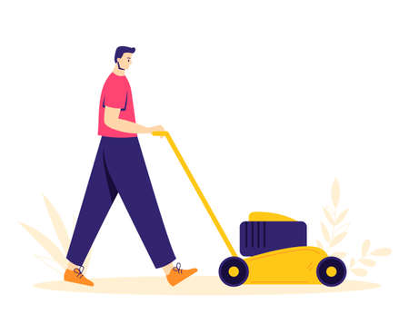 Garden work concept. The man character is digging the ground with a shovel. Hobby gardener.のイラスト素材