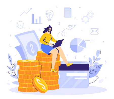 Online work in internet concept. Modern business. Woman sits on a stack of moments and earns remotely using a computer. Card and banknotes, financial icons. Successful full-time freelancer.のイラスト素材
