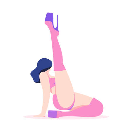 Pole dancer girl dancing in stripper shoes on pylon. Body-positive, love your body. Flat style cartoon character.のイラスト素材
