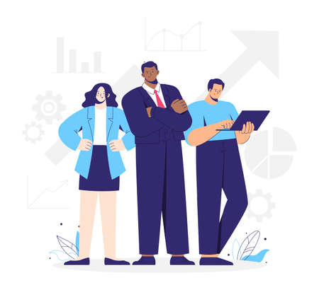 Business team, group of working people. Leader, businesswoman and man with laptop. Business graphics...