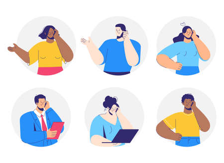 People talking phone set. Differnent characters calling by telephone. Communication and conversation with smartphone. Business dialog, conference.のイラスト素材