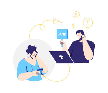 Online crime. A man pretending to be a bank clerk. A fraudster calls to woman on the phone and asks for banking information. The criminal steals money.のイラスト素材