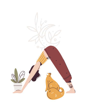 Yoga with cat. Young woman in Adho Mukha Svanasana pose at home with plants. Downward facing dog pose.のイラスト素材