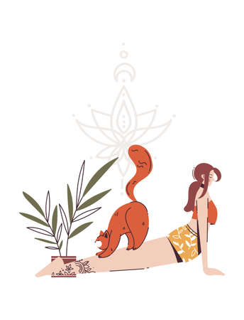 Yoga with cat. Young woman in Urdhva Mukha Svanasana pose at home with plants. Upward facing dog pose. Cat is standing on girl.のイラスト素材