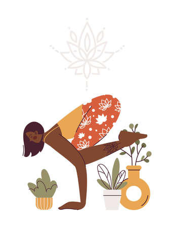 Young black american woman doing yoga exercises, practicing meditation and stretching. Female character in Bakasana pose in yoga studio or home with plantsのイラスト素材