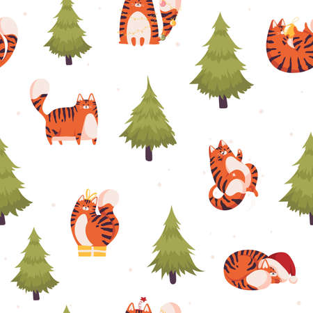 New year seamless pattern with cute tiger. Chinese new year symbol. Snoflakes and christmas tree.のイラスト素材