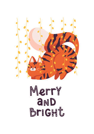 New year greeting card with cute tiger. Cat play with garland. Chinese new year symbol. Text lettering Merry and Bright.のイラスト素材