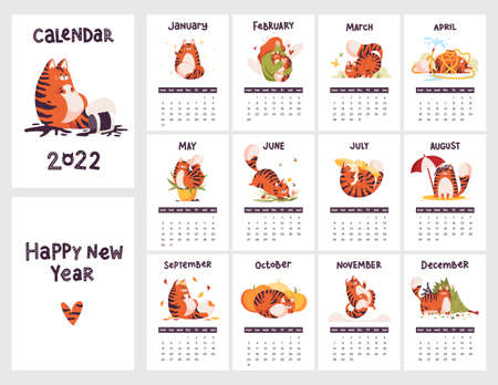 Calendar 2022 year with cute tigers. Chinese new year symbol. Covers and 12 month pages template. Isolated animal characters with different seasonal activities.のイラスト素材