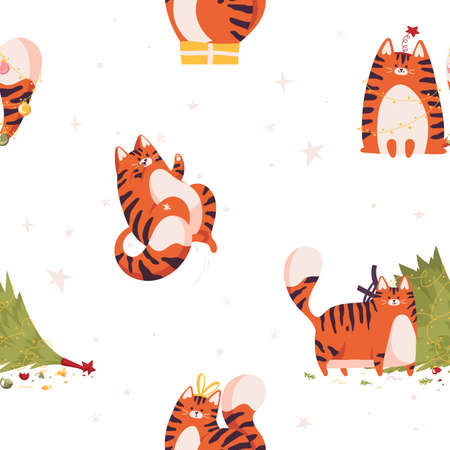 New year seamless pattern with cute tiger. Chinese new year symbol. Snoflakes and christmas tree.のイラスト素材